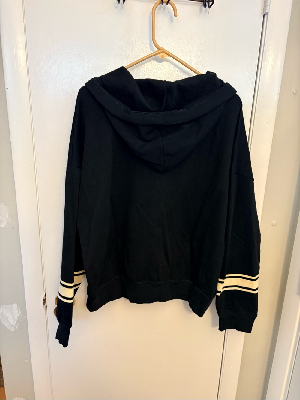 PINK Victoria's Secret Black Hooded Crewneck Sweater with Cream Sleeve Stripes